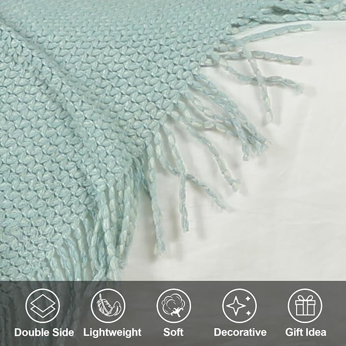 Blagic Wheat Textured Knit Throw Blanket for Couch,Blue and White,50"x60" | Soft Farmhouse Boho Throw Blanket with Tassels,Decorative for Living Room,Gifts for Adults,All Season Use