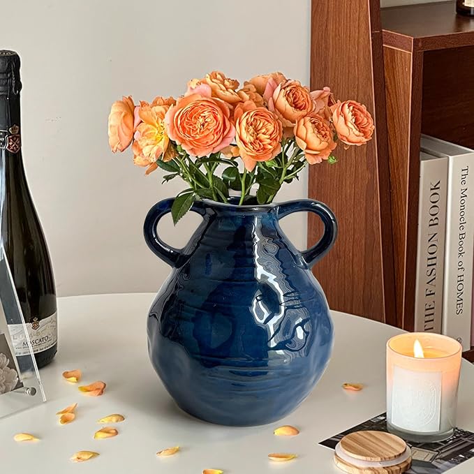 LIFFY Blue Ceramic Vase for Flowers, 6.3 Inch Tall Modern Farmhouse Centerpiece with Double Handles, Vintage Rustic Decorative Vases Home Table Decor (Navy Blue)