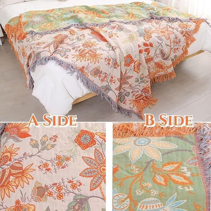 Boho Throw Blanket for Bed 100% Cotton Bohemian Blankets Ultra Soft Woven Muslin Decorative Blankets All Seasons Vintage Quilt Knitted Blanket for Sofa Chair(Orange, 80"x90")