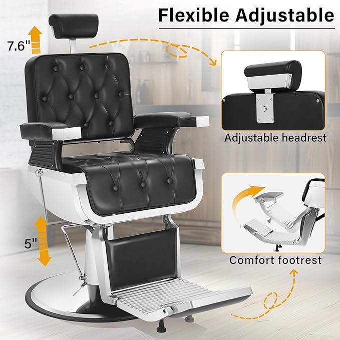 Heavy Duty Barber Chairs for Barbershop, Vintage Reclining Barbershop Chair, 360° Swivel Professional All Purpose Salon Hair Stylist Beauty Spa Shampoo Home Equipment with Removable Headrest, Black