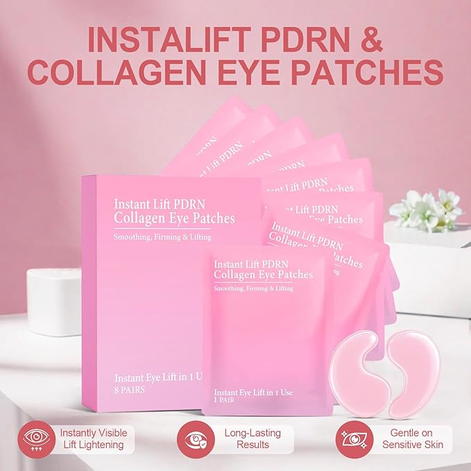 Eye Patches with PDRN & Collagen, Hydrogel Eye Mask with Instant Lift Effect, Dark Circles & Puffy Eyes, Anti-Aging Under Eye Treatment for Wrinkles, Eye Bags & Fine Lines (8 Pairs)