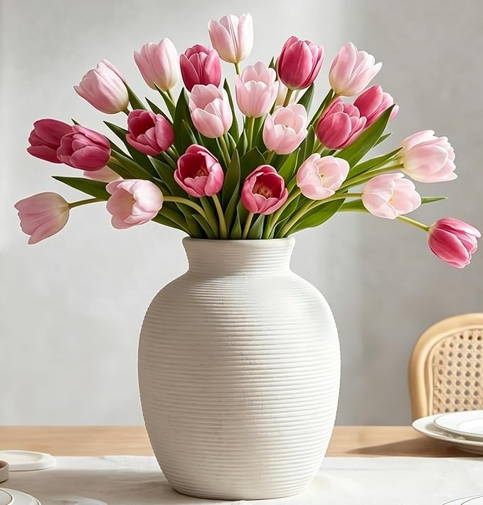 White Ceramic Vase for Flowers, 8in Waterproof Pottery Ceramic Vases | Flower Terracotta Vases for Farmhouse Table Centerpieces, Home Decor, Living Room