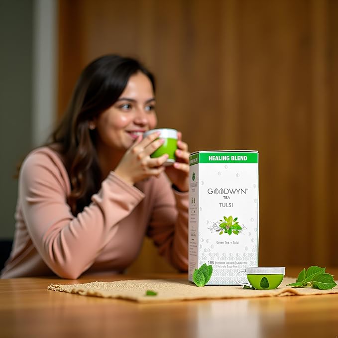 Goodwyn Herbal Tulsi Tea Bags Holy Basil Green Tea 100 Individually Wrapped Bags Low Caffeine Sugar Free Plastic Free Daily Wellness Herbal Tea Indian Origin Chai Eco Friendly