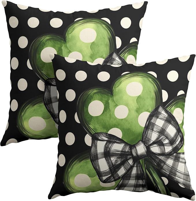 Kawani St Patricks Day Pillow Covers 2 Pcs - 22x22 Inch Green Shamrock White Clover Polka Dots Spring Decorative Pillowcases Cotton Linen Cushion Cover for Couch Sofa Chair Holiday Decor
