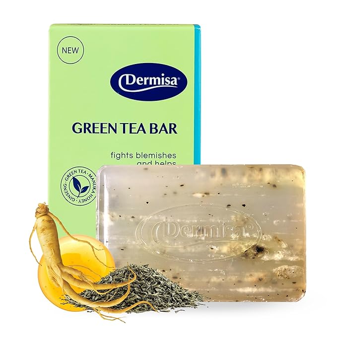 Dermisa Green Tea Bar with Manuka Honey and Ginseng, Gently Exfoliating Antioxidant Soap for Acne-Prone Skin and Daily Cleansing, 3.0 Oz
