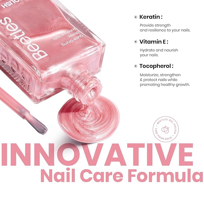 Beetles Pink Nail Polish - 15ML Quick Dry Nail Polish Romantic Reverie Pink Rose Pearl Nail Lacquer Shimmer Fingernail Polish Art Effect for Nail Salon-Quality