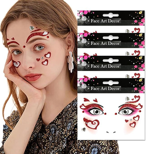 Heart Face Tattoos Stickers Glitter Face Gems Valentine's Day Temporary Tattoo Face Stickers for Women 4Pcs