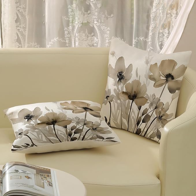 Spring Floral Pillow Covers 18x18 Inches Set of 2,Brown Floral Throw Pillow Covers Outdoor Summer Flower Decoration Pillowcase Farmhouse Decorative Square Linen Cushion Cover for Couch Sofa