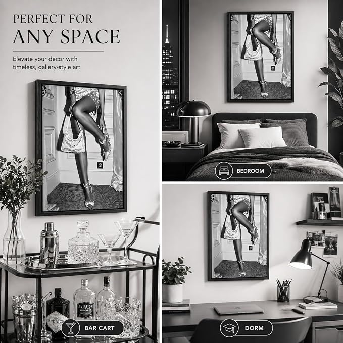 Framed Black and White Fashion Canvas Wall Art Luxury Feminist Picture Wall Decor Trendy Women High Heels Poster Print for Girl Dorm Bedroom Bar Cart Home Decoration 12x16in