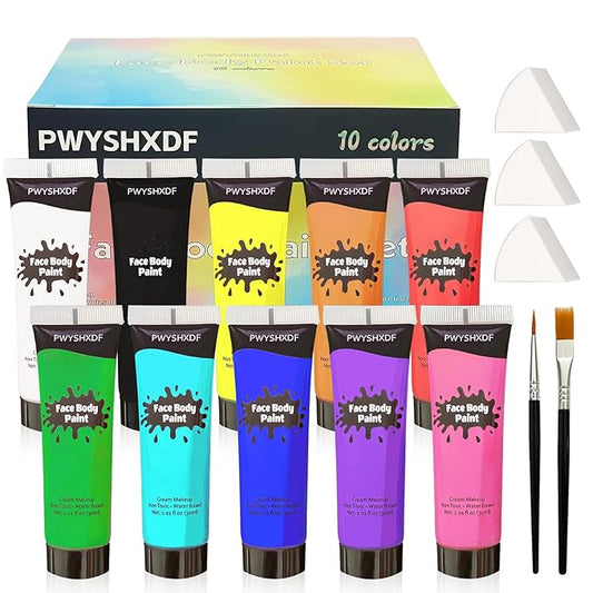 10 Colors Face Body Paint Set, Water Based Body Paint for Kids, Washable Face Paint Kit with Brushes & Sponges, Non-Toxic Face Painting for Halloween Party Cosplay Stage Makeup