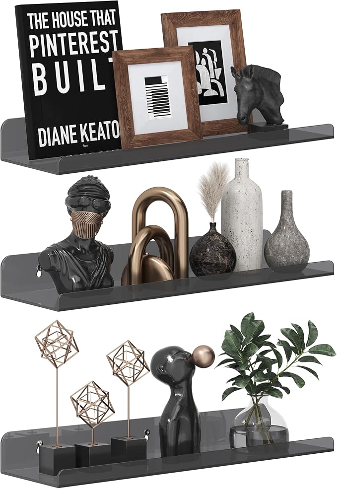 Qukaka Floating Shelves for Wall Decor, 15" Wall Shelves for Bedroom, Living Room, Kitchen, Bathroom Decor, Nail Polish/Book/Decoration/Makeup/Perfume Organizer Floating Shelf-3Pack Clear Black