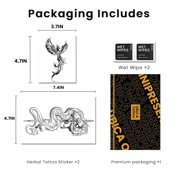 Semi Permanent Tattoos, 2 Sheets Realistic Large Coiled Dragon Sword & Flaming Phoenix Couple Temporary Tattoos for Men Women Back Arms Calf, 2 Weeks Fake Tattoos, Waterproof and Non-Reflective
