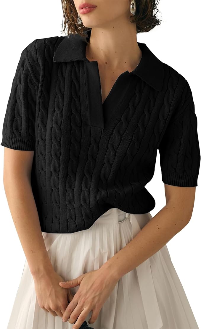 Imily Bela Womens Cable Short Sleeve Sweaters Tops Lapel V Neck Knit Shirt | Solid,Knit Casual,Soft Pullover,Fall Sweaters,Womens Summer Work Tops