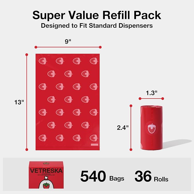 VETRESKA Strawberry Scented Dog Poop Bags, Leak Proof, 540 Counts | Extra Thick and Large Pet Waste Bags for Dogs Walking and Cat Litter, 36 Rolls