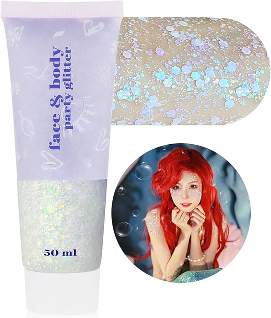 Iridescent White Face Glitter,Color Changing Mermaid Body Hair Glitter Gel,Chunky Glitter Face Paint,Sparkling Sequin for Face Body,Halloween Festival Party Chameleon Glitter Makeup,50ml