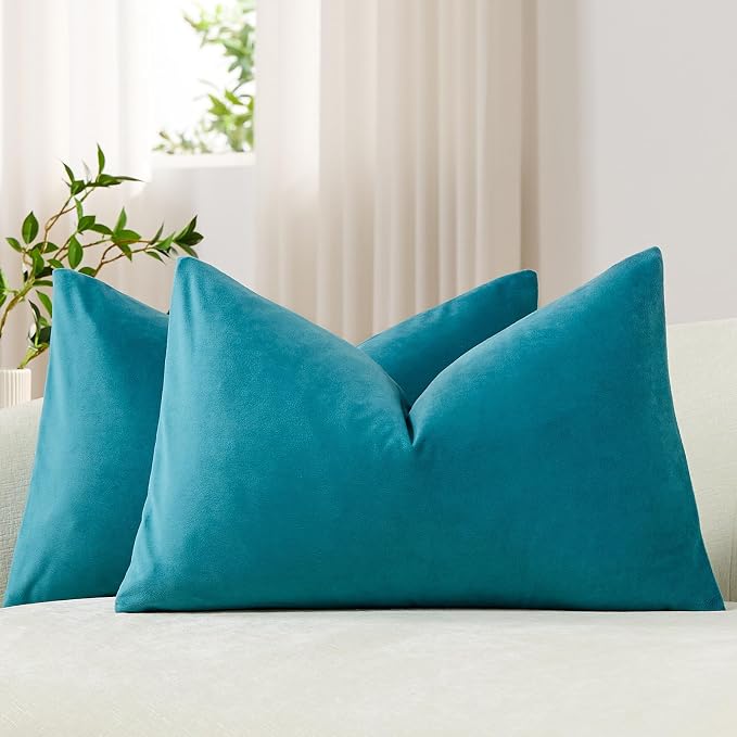 Lumbar Pillow Covers 12x20 Turquoise: Pack of 2 Cozy Soft Velvet Rectangular Modern Luxury Decorative Throw Pillow Cases for Sofa Couch Living Room Bed Home Decor