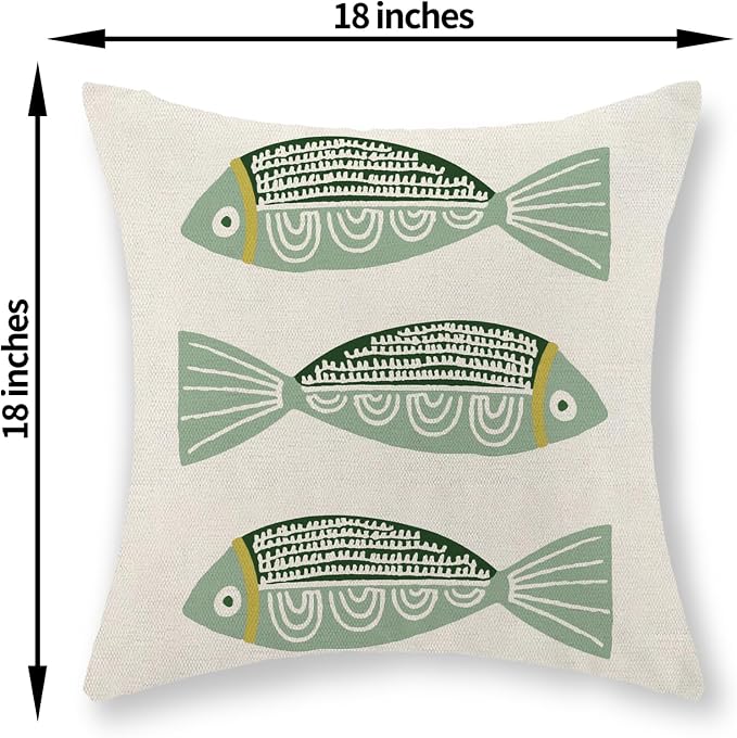 Coastal Pillow Covers 18x18 Inch Set of 2 Ocean Beach Green Fish Throw Pillows Summer Nautical Outdoor Decorative Pillow Cases Linen Farmhouse Cushion Cover for Couch Home Sofa Bedroom Decor