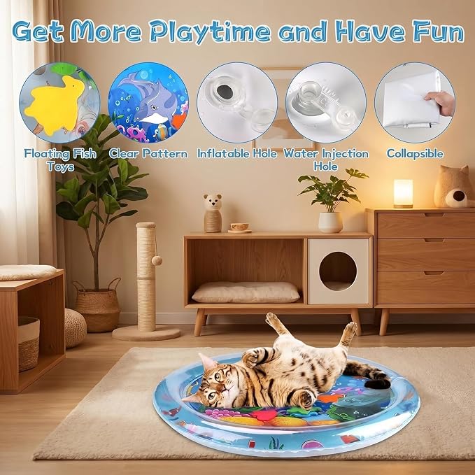 2 Pieces Upgraded Thickened Cat Water Mat,Water Sensory Play Mat with Fish | Interactive Cat Toy for Cats to Exercise,Hunting,Swatting,Aqua Anti-Scratch Leak Proof Foldable Play Mat with Fish for Pet