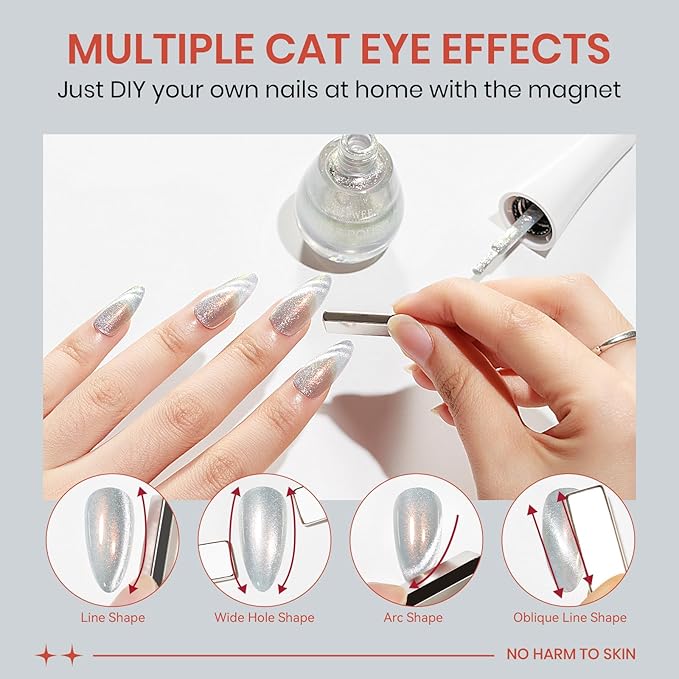 Aurora Silver Magnetic Nail Polish Non Gel, Quick Dry Cat Eye Nail Polish with Magnet for Fingernail Air Drying Fast Lacquer Manicure Gift For Women Girls 16ml/0.54fl oz