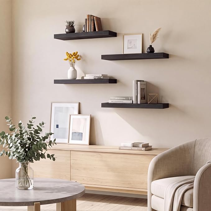 Fixwal Floating Shelves for Wall Decor (Black, Set of 4, 15.7 Inch) | MDF Shelves with Metal Brackets, Space Saving for Books, Decor, Works in Bathroom, Kitchen, Living Room, Bedroom