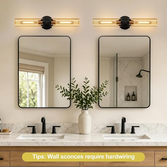 Indoi Wall Sconces Set of Two, Hardwired Black and Gold Bathroom Sconces Wall Lights with Amber Glass, Modern Sconces Wall Decor Set of 2 Vanity Light fixtures for Bathroom Mirror Living Room