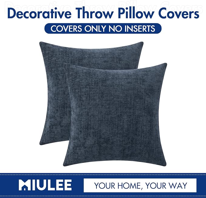 MIULEE Soft Chenille Throw Pillow Covers Dark Navy 16x16 Inch Pack of 2 | Modern Coastal Home Decor, Classic Decorative Pillows, Solid Dyed Cases, Boho Couch Cushion Covers for Sofa Bed Living Room