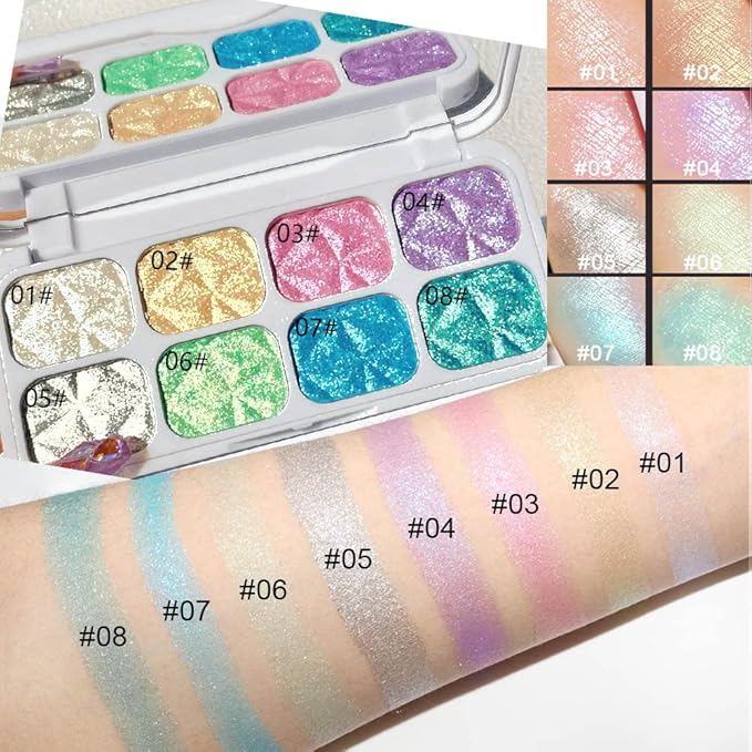 8 Color Face Cheek Highlighter Makeup Palette Shimmer Glitter Iridescent Multichrome Holographic Eyeshadow Palette Purple Rainbow Glitter Highlighter Makeup Highlight and Contour Chrome Eye Make up