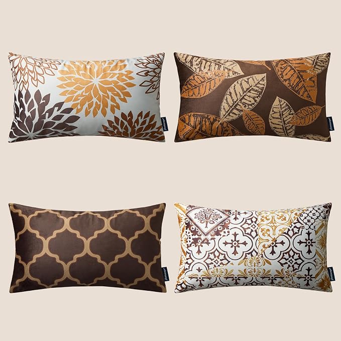 Phantoscope Set of 4 New Living Series Leaf Geometric Throw Decorative Velvet Pillow Cover Cushion Cover, Dark Coffee12 x 20 inches 30 x 50 cm