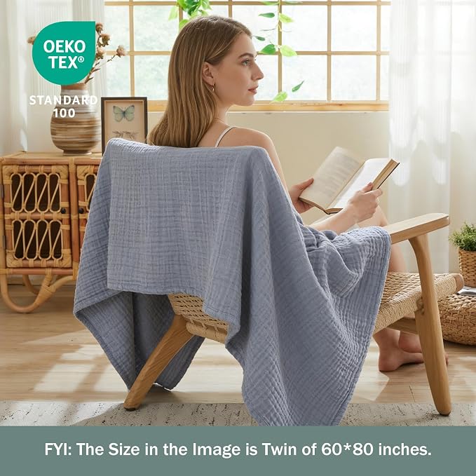 EMME Muslin Blankets for Adults Throw Blanket for Couch Breathable Gauze Soft Lightweight Airy Dusty Blue Super King 120" x 94"