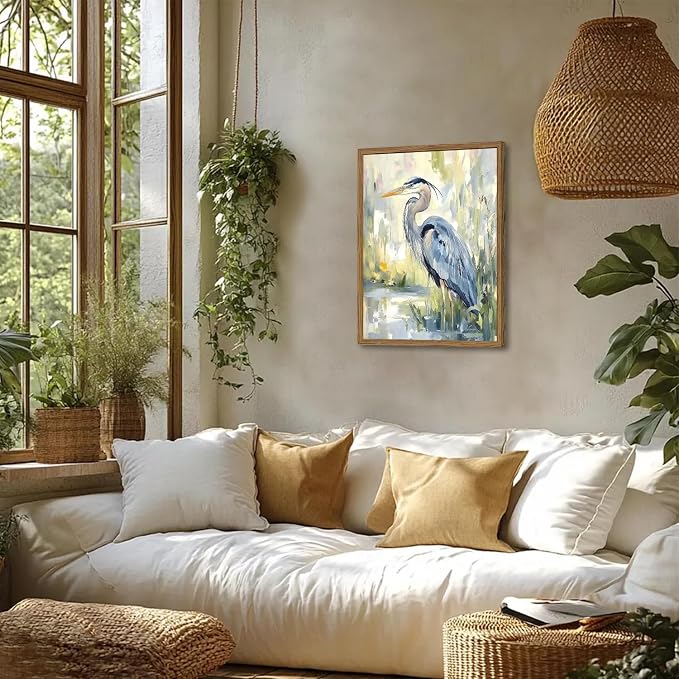 Framed Blue Heron Wall Art, Watercolor Sea Bird Pictures Wall Decor, Coastal Nature Wildlife Animal Paintings Canvas Prints for Living Room Bedroom Bathroom Office Home Decor 12x16 inch