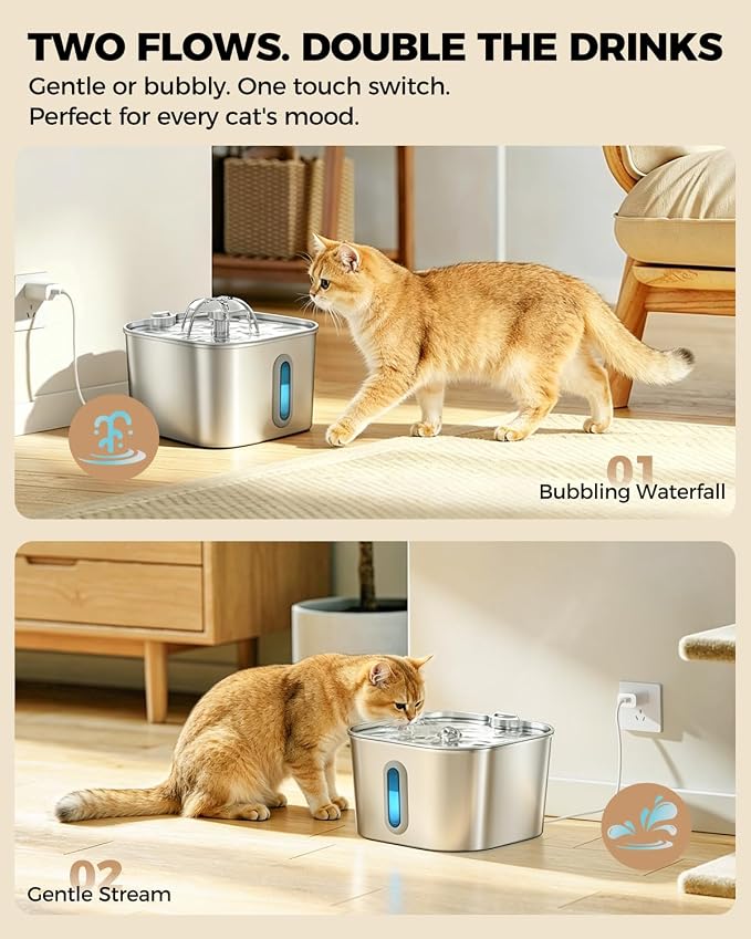 Cat Water Fountain Stainless Steel 74oz/2.2L with 6 Filters & 6 Sponges | Pet Water Dispenser-Indoor Cats Automatic Silent Fountains for Drinking-Metal Small Dog Watering Bowls-Gifts for Kitty Animal