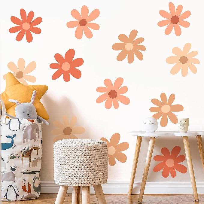 TaoBary 12 Sheet Daisy Wall Sticker Decal,Orange,Colorful Classic Style | Big Flower Wall Sticker, Pink White Floral Decal, Daisy Bedroom Room Decor, Removable Peel and Stick, Nursery Home Wall Decor