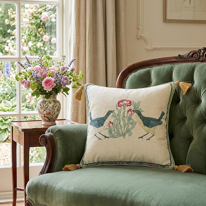 patdrea French Vintage Linen Throw Pillow Cover,18"x18",Set of 2-Cecilia E | Decorative Pillow Case with Zipper,Green Floral Pattern,Cushion Coverfor Couch Living Room Bedroom Sofa