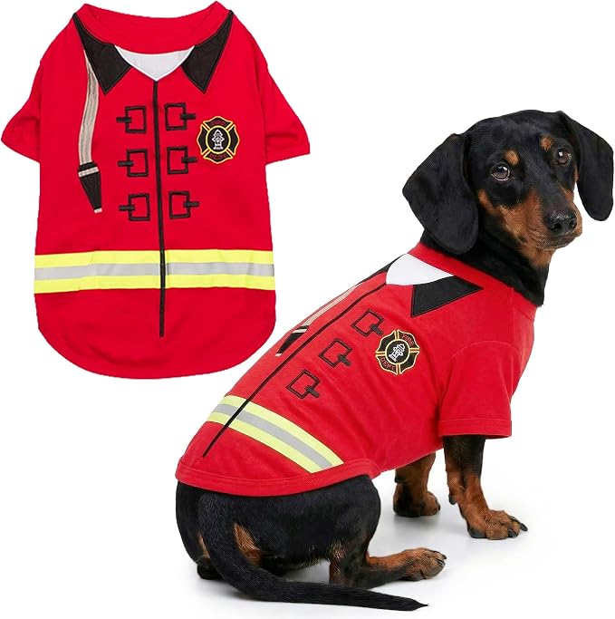 Parisian Pet Dog Costume - 100% Cotton Firefighter Dog Clothes for Large Dogs - Lightweight Puppy Outfits - Funny French Bulldog Clothes - Sleeved Red Shirt for Dogs - Stretchy Pet Costume