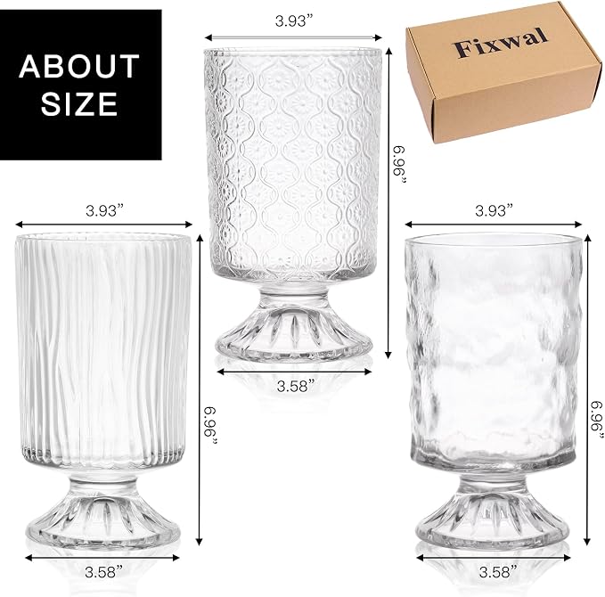 Fixwal 3pcs Vintage Glass Vases, Clear Vases for Wedding Home Decoration | Embossed Base Vases for Wedding Decoration (H:7" D:4"), Ribbed Glass Containers for Home Decor