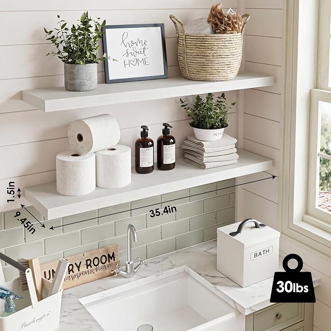 Fixwal Floating Wall Shelves for Decor (White, Set of 2, 35.4Inch) | MDF Shelf with Metal Brackets, Space Saving for Books , Decor, Fits Bathroom, Kitchen, Bedroom, or Office