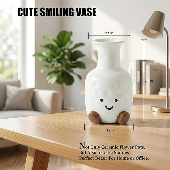 Cute Smile Face Vase – White Ceramic Cute Flower Vase for Home Decor, Modern Decor Vase for Living Room Bedroom, for Women Friends Family