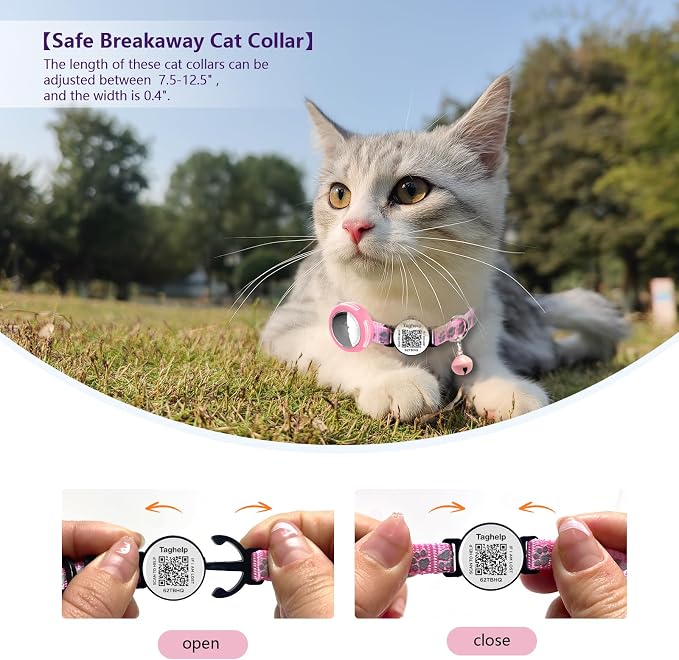 Waterproof Breakaway Cat Collar with Paw Prints - Secure Apple AirTag Holder, Smart QR Code Tag for Instant Location Alerts (No App), Adjustable GPS Tracker Collar for Cats (Pink)