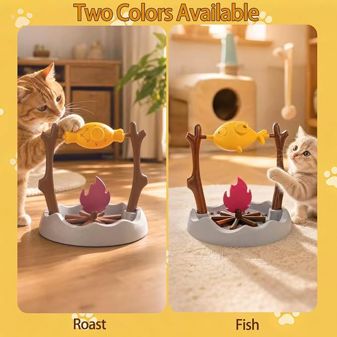 Cat Slow Feeder, Interactive Cat Puzzle Toy Treat Dispenser - BBQ Campfire Grill Design, Adjustable Rotating Fish Flame Mental Stimulation Food Dispensing Toy for Indoor Cats Kittens-Fat Fish