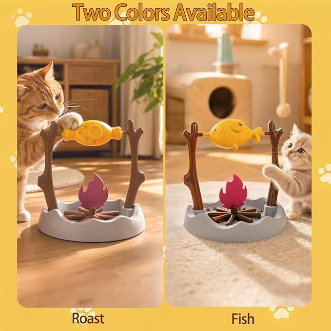 Cat Slow Feeder, Interactive Cat Puzzle Toy Treat Dispenser - BBQ Campfire Grill Design, Adjustable Rotating Roast Fish Flame Mental Stimulation Food Dispensing Toy for Indoor Cats Kittens