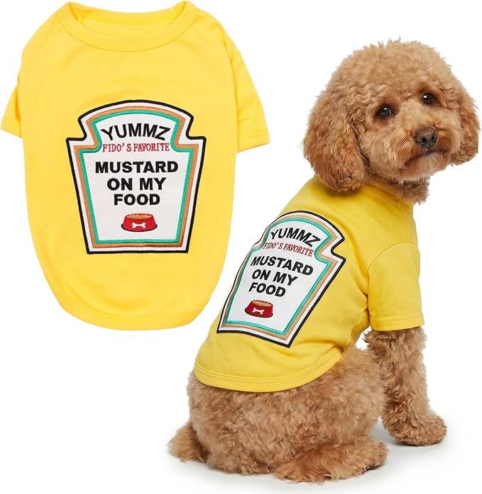 Parisian Pet Dog Costume - 100% Cotton Yellow Dog Clothes for Large Dogs - Lightweight Puppy Outfits - Funny French Bulldog Clothes - Sleeved Mustard Shirt for Dogs - Stretchy Pet Costume