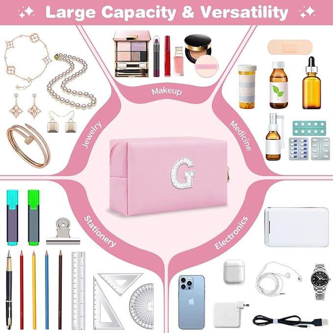 ChaoGreat Bride Gifts – Personalized Initial Makeup Bag with Pearl Rhinestone Patch, Preppy Pink Monogram Cosmetic/Toiletry Pouch, bridesmaid Gifts, Bridal Shower Gifts, Wedding Gifts, Bridal Gifts,G