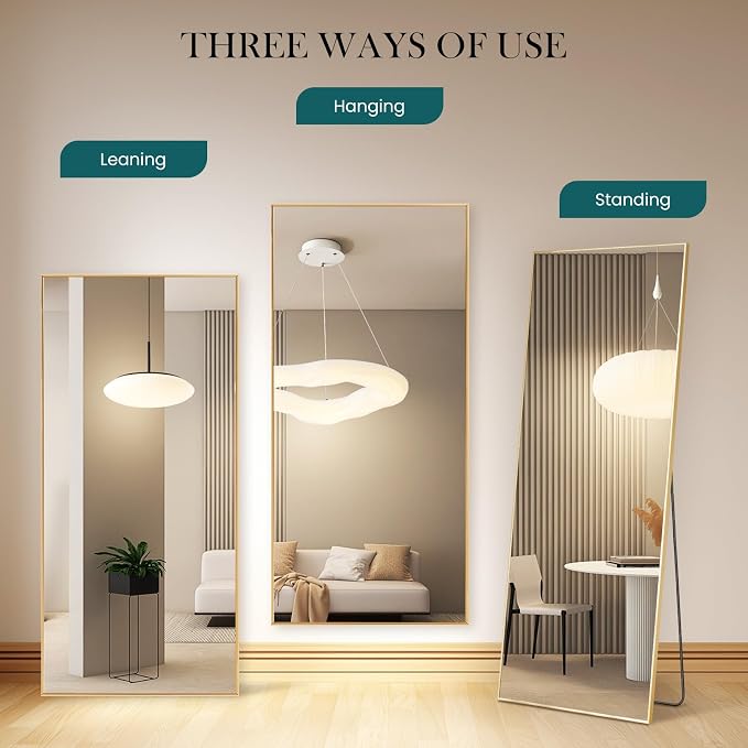 DUMOS 70.4"x25.6" Full Length Mirror with Stand, Full Body Floor Mirror | Free Standing or Wall Mount, Nano Glass Aluminum Frame, Hanging or Leaning, Modern Simple Home Decor, Gold