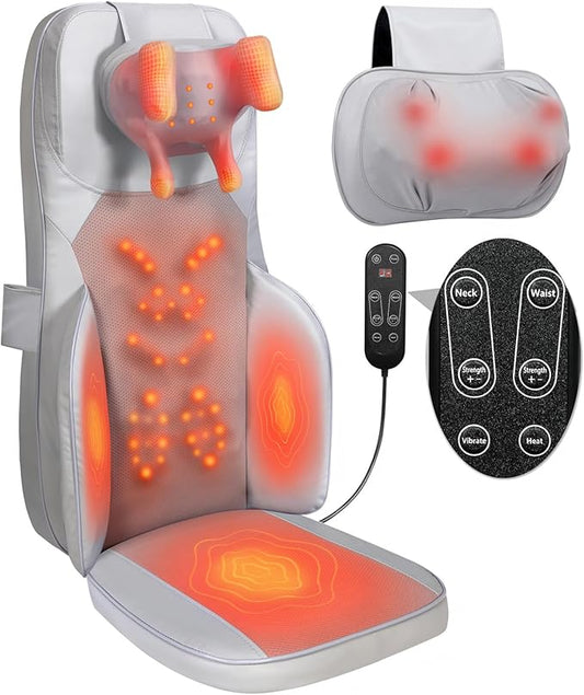 Shiatsu Neck Back Massager with Heat - 4D Kneading Full-Body Massage Cushion with Vibration, Dual-Neck Design, Adjustable Intensity, Height for Release Stress, for Office Chair, Home, Grey