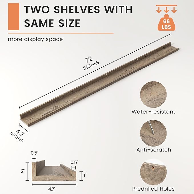 Picture Ledge Shelf, Long Floating Shelves for Wall, 72" W Set of 2, Grey | FSC Certified Engineered Wood, Wall Mounted Bookshelf, for Nursery Living Room Bedroom, Easy Install