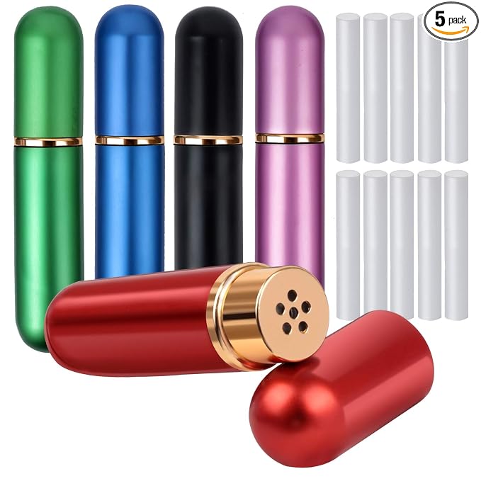 YGDZ Essential Oil Inhaler 5pcs Empty Personal Nasal Aromatherapy Inhalers Tubes Refillable Aluminum Glass Essential Oil Inhalers with 10 Cotton Wicks
