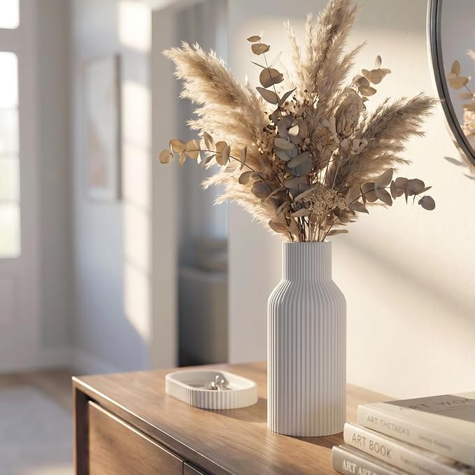 White Ceramic Vase, Modern Matte Ribbed Flower Vase for Pampas Grass, Fresh & Dried Flowers, Waterproof Decorative Home Decor for Living Room, Coffee Table, Bookshelf & Entryway
