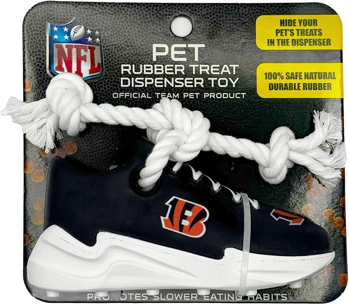 Pets First NFL Cincinnati Bengals Cleat Sneaker Spike Dog Toy, Football Treat Dispenser Chew Toy for Dogs, Interactive Rope Tug Toy, Slow Feeder Natural Rubber Dog Toy with Official Team Logo