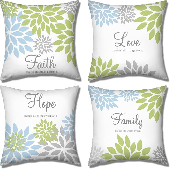 Tatuo 4 Pcs Flower Pillow Covers Square Summer Pillow Cushion Cases 18 x 18 Inch Family Faith Hope Love Words Decorative Spring Winter Cushion Case for Bed Couch Sofa Living Room(Green Series)