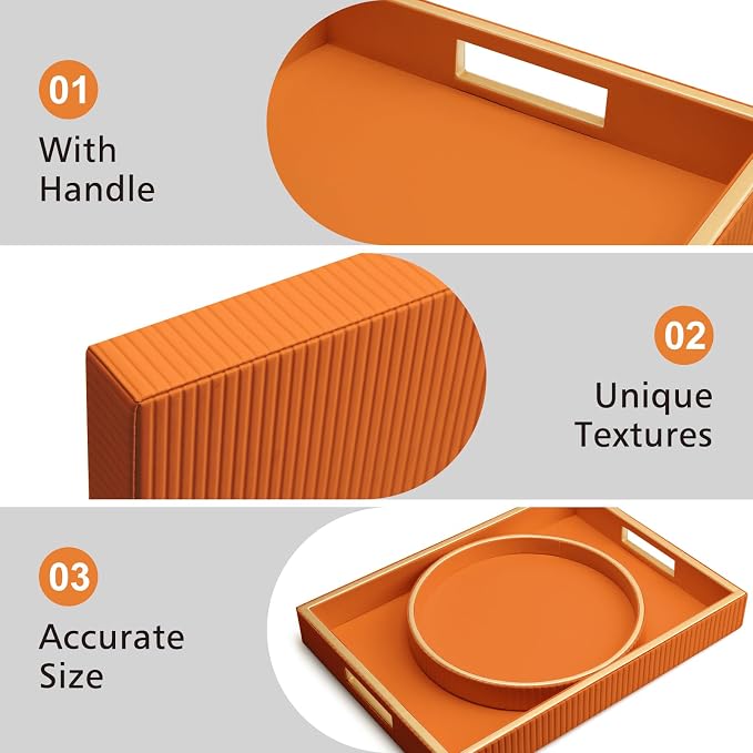 Leather Tray Desktop Storage Organizer, Rectangle Valet Tray, Orange | Premium Serving Trays with Handles, Decorative Tray Desk Organizer for Sundries Cosmetics Phone Wallet Keys Cutlery